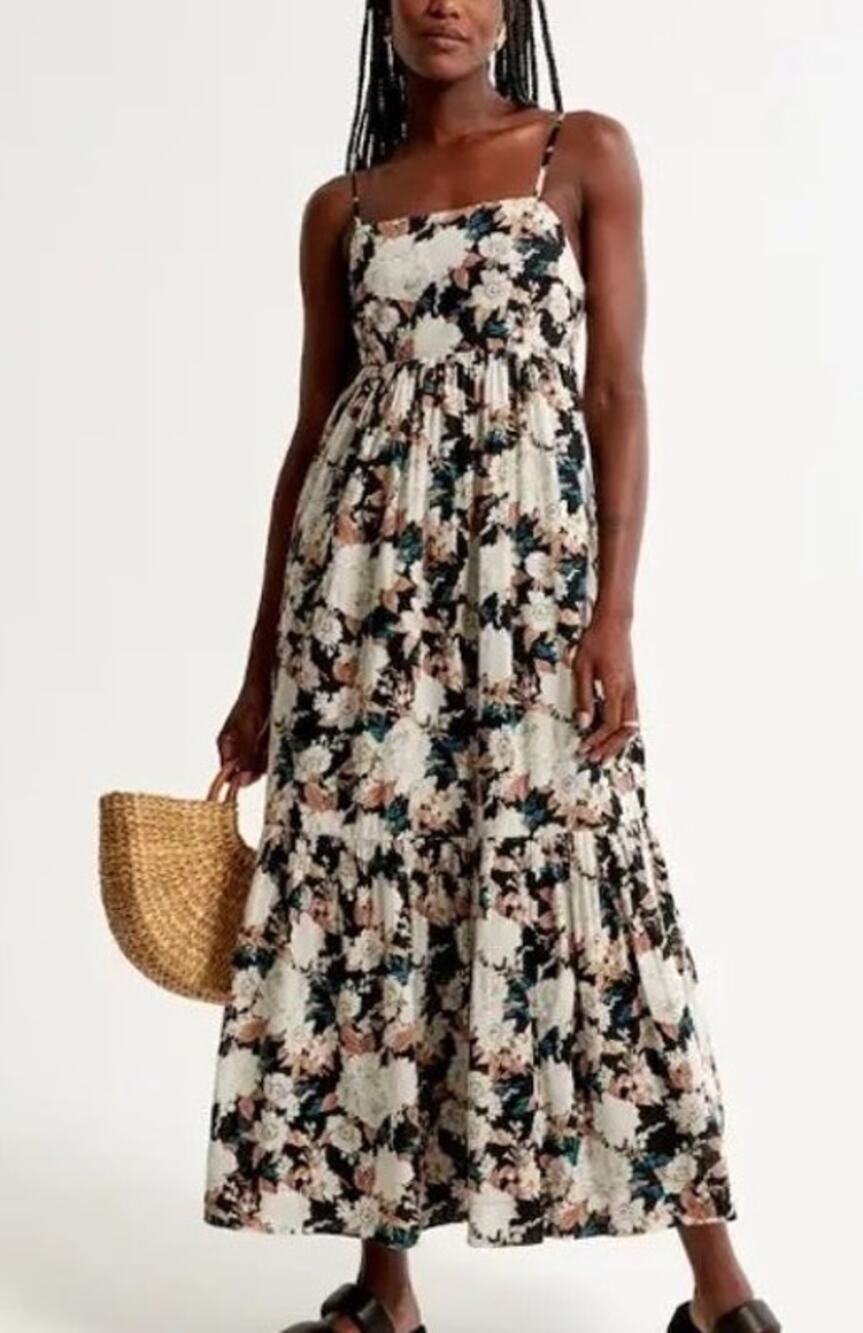 Abercrombie & Fitch Babydoll Tiered Maxi Dress Size M Black Floral Fall Prairie